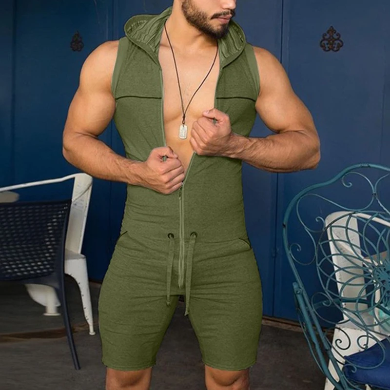 Men's Sleeveless Jumpsuit Bodysuit Zipper Hooded Rompers Shorts Home Wear Tracksuit Pajamas