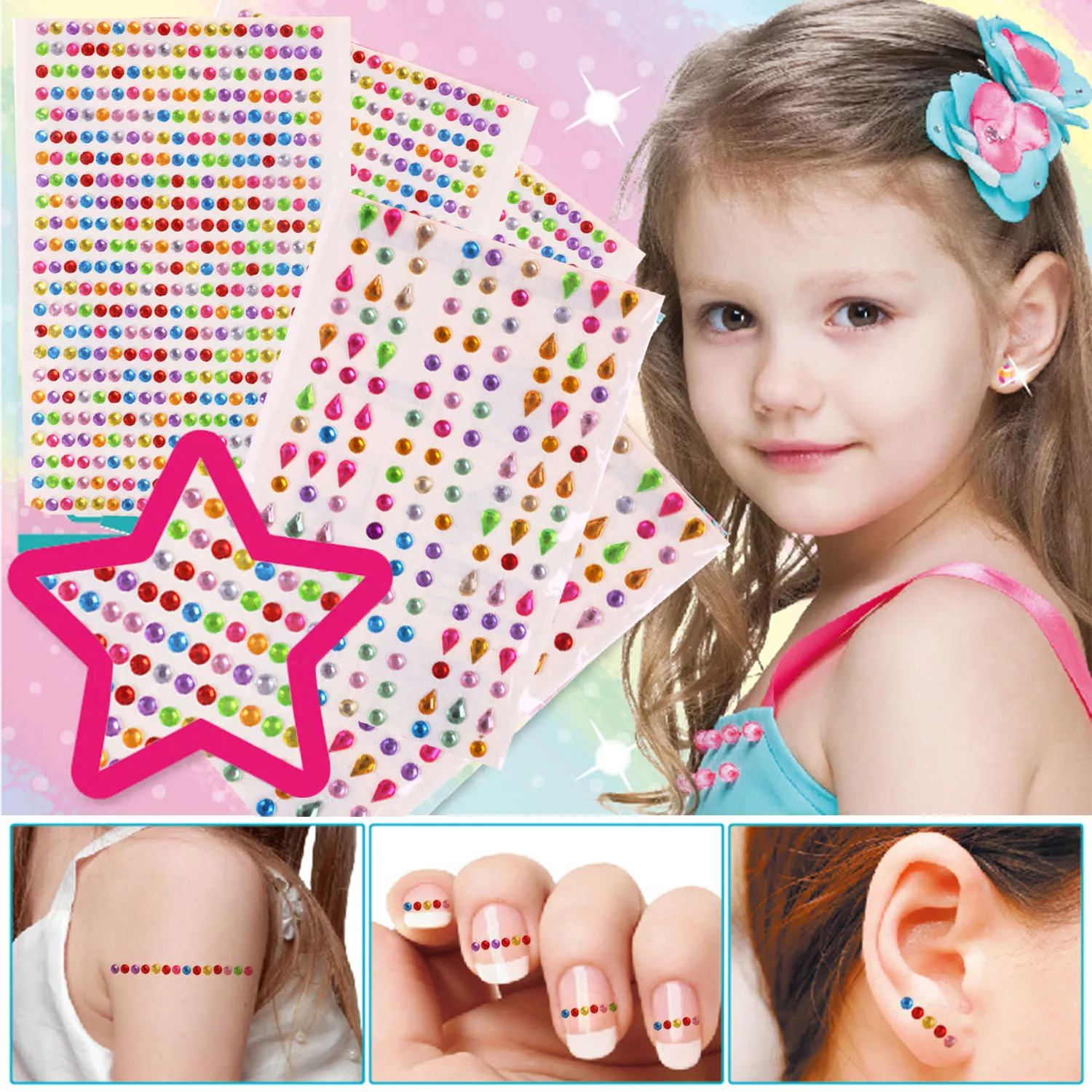 Самоклеящиеся стразы на 2 листа многоцветные акриловые наклейки с плоской задней