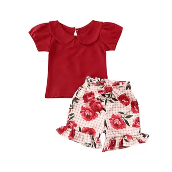 

Valentine's Day Infant Baby Girl 2pcs Summer Clothes Sets Flowers Print Peter Pan Collar T Shirts Tops+Shorts