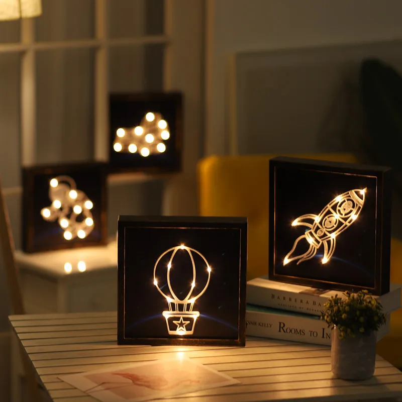 Hinnixy Nordic Bedside Lamp Retro Photo Frame Animal Plant Spacecraft Living Room Wall Decoration Christmas Gift Night Lights