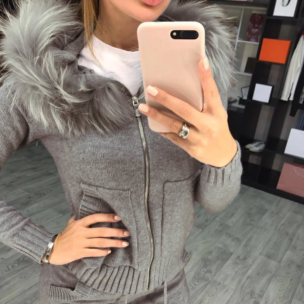 

2019 womans knit set Pockets Zipper hooded Sweater tracksuit woman two piece Winter Warm knitwear outfits Fur Hoodies suit