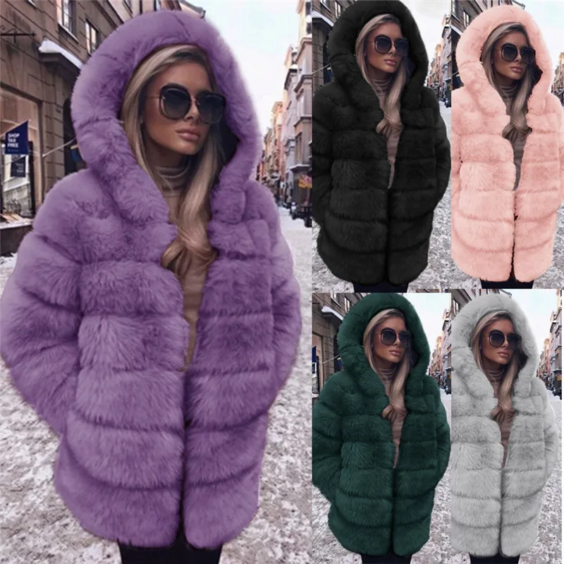 Женское пальто модное роскошное пальто из искусственного меха осеннее зимнее теплое пальто с капюшоном с карманом разноцветное пальто парка Femme 5