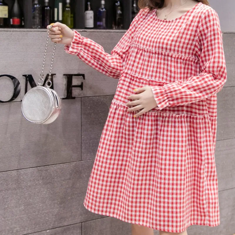 Красный Red Plaid Maternity Dresses Vintage Loose Pregnancy Dress Casual Korean Pregnant Dress New Spring Autumn Clothes for Pregnant - Цвет: Красный