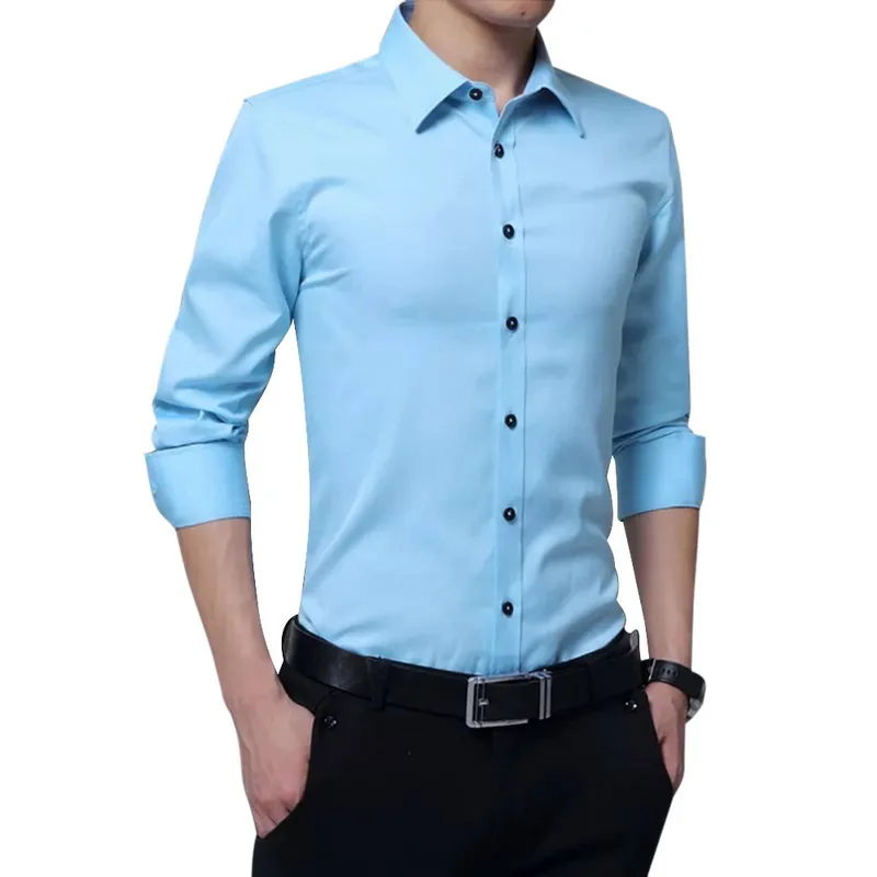 Весенняя рубашка с длинным рукавом и отложным воротником, мужская рубашка, приталенная однотонная деловая рубашка Camisa Masculina, мужские топы, официальная сорочка Homme - Цвет: light blue