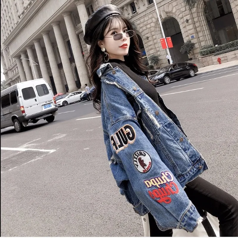 price reduction 2019 Harajuk Loose Denim Jacket Women Embroidery Jeans Coat Hip Hop Hole Single Breasted Jeans Jack