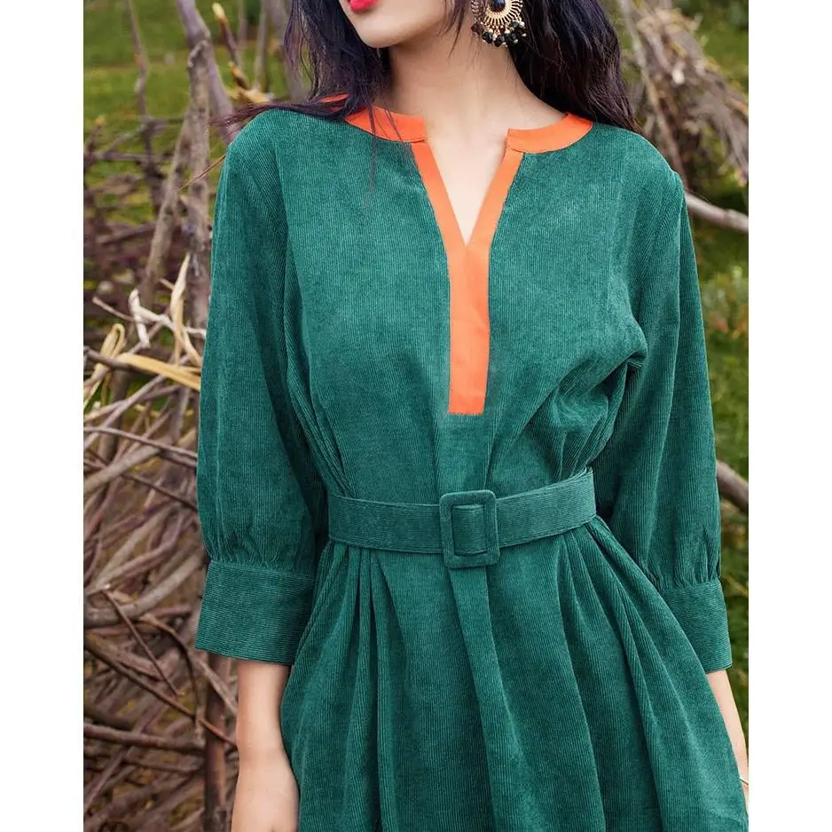 Autumn Retro Women A-Line Dress Three Quarter Sleeve Casual Corduroy Dress V-Neck Vintage Slim Long Dress
