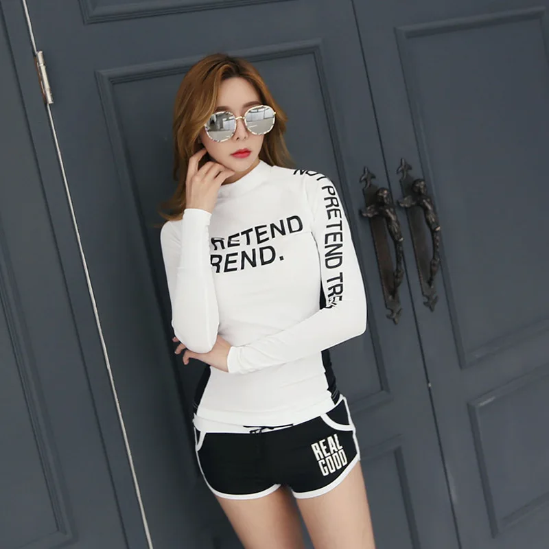 

New Style Korean-style Conservative Sporty Long Sleeve Boxers Two-piece Swimsuits Women's Bubble Hot Spring Swimwear Bikini