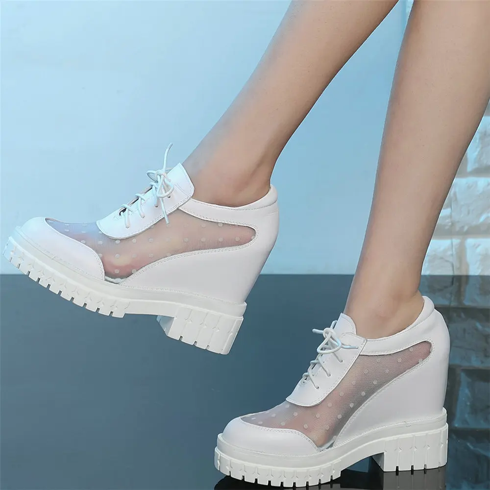 

Fashion Sneakers Women Genuine Leather High Heel Motorcycle Boots Female Breathable Mesh Round Toe Platform Pumps Casual Shoes
