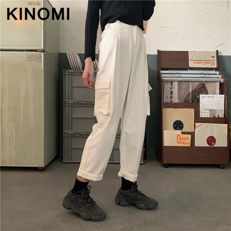 KINOMI осенние шикарные белые прямые брюки с высокой талией модные брюки карго корейский стиль повседневные свободные длинные брюки с карманами для девушек