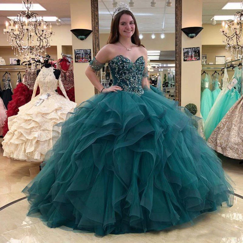 

Princess Ball Gown Quinceanera Dresses 2022 Sweetheart Off Shoulder Appliques Sequins Beads Pageant Party Sweet 15 Dress Tiered