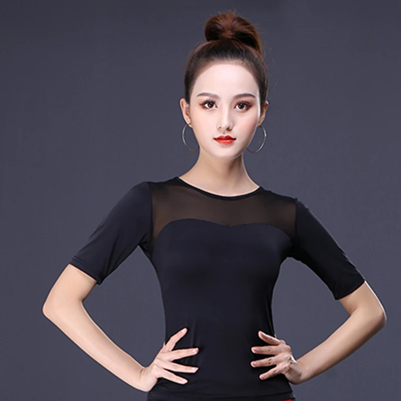 

Ballroom Dance Practice Clothes Women Performance Latin Tops Short Sleeve Waltz Rumba Salsa Chacha Competition Blouse Shirts