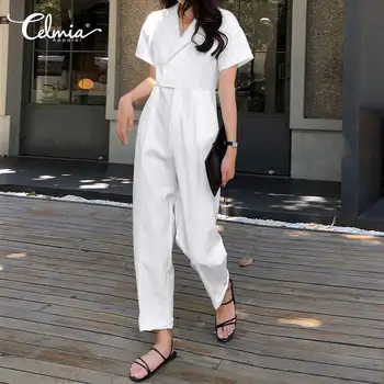 

Rompers Celmia Elegant OL Women's Long Jumpsuits Lapel Short Sleeve Casual Buttons Pockets Office Overalls Wide Leg Playsuit 5XL