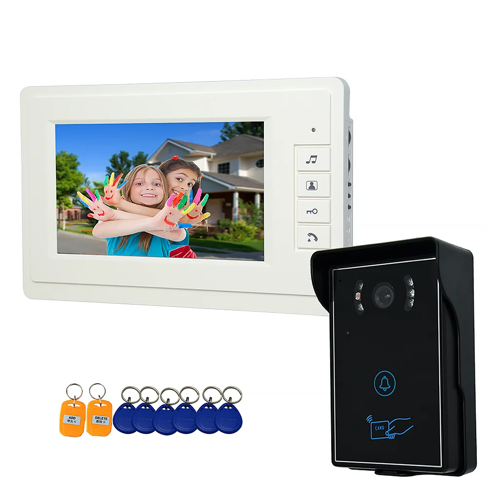

7 inch Wired Video Door Phone Intercom System with RFID Keyfobs Unlock, Video Doorbell Waterproof IR Night Vision Camera