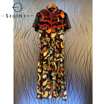

SEQINYY Fruit Print Dress 2020 Summer Spring New Fashion Design Women Short Sleeve Lace Sicily Style Black Midi Dress