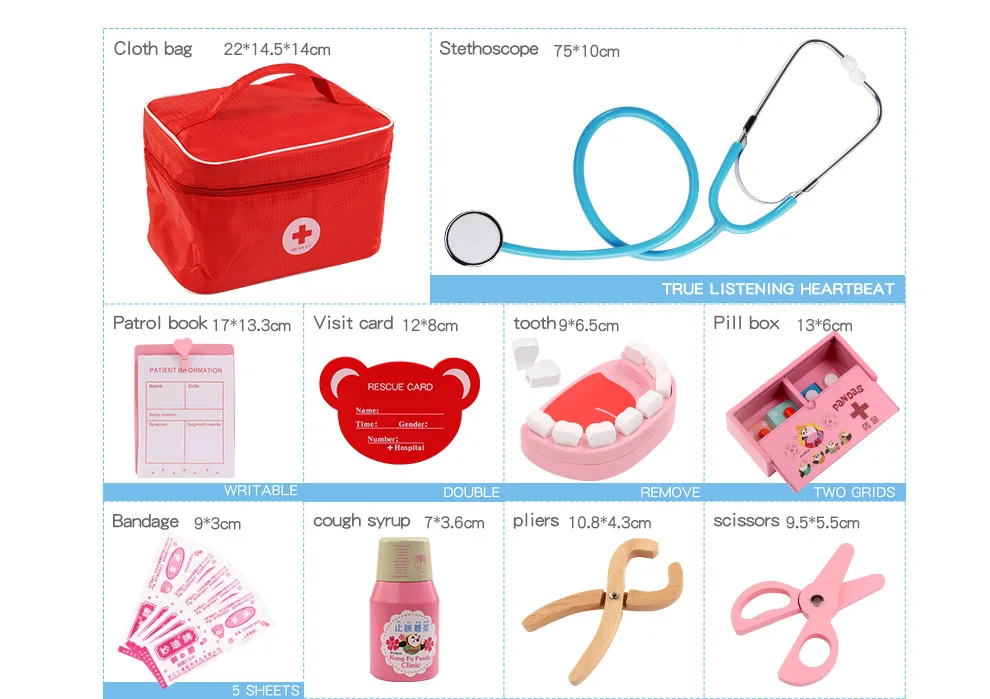 Детская деревянная качественная модель тканевая сумка медицинская коробка для маленьких девочек и мальчиков игровой дом модель доктор инъекции игрушка в подарок