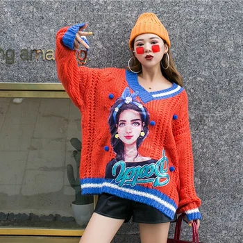 

SexeMara fashion The New V-neck Color matching Beading Cartoon printing Sequin Style knitting Sweater free shipping