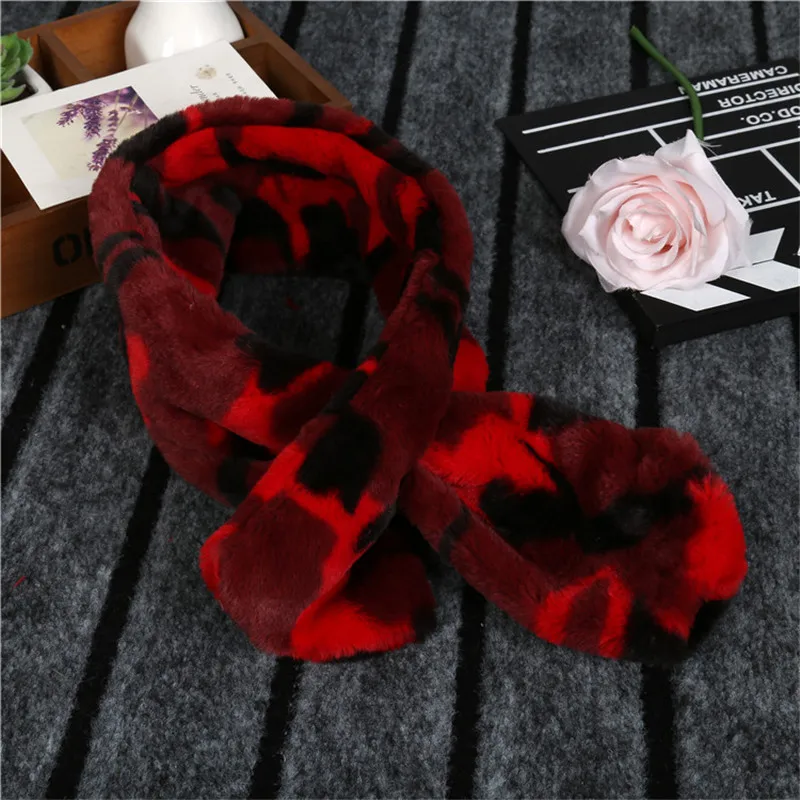 Leopard Red Зимний теплый шарф из искусственного меха; шарфы для девочек; детская одежда с воротником; аксессуары; шейный платок с леопардовым принтом - Цвет: Leopard Red
