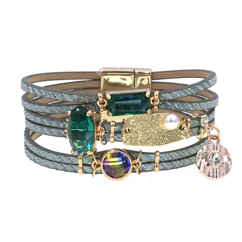 WELLMORE women bracelet glass leather bracelets for women charm bracelet fashion female jewelry wholesale dropshipping