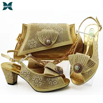 

Latest Shoes and Bags Set African Sets 2020 Nigerian Ladies Shoes and Bags Set Italian design Women Rhinestone Gold Color Shoes
