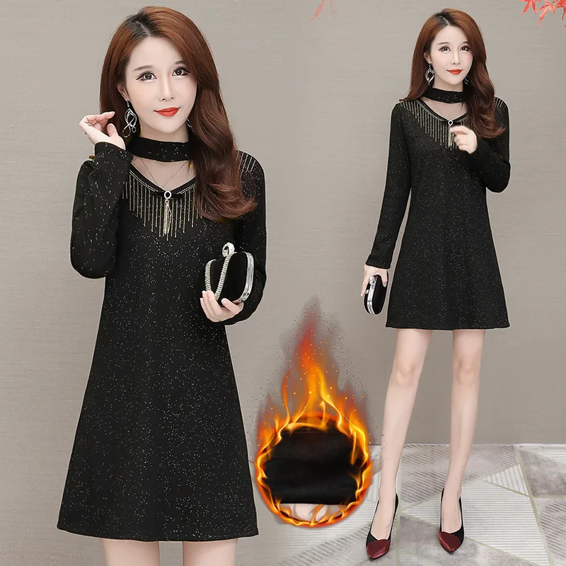 

2019 Autumn And Winter New Style Base plus Velvet Lady Dress Women's Thermal Underwear High-End Western Style Thick Skirt Winter