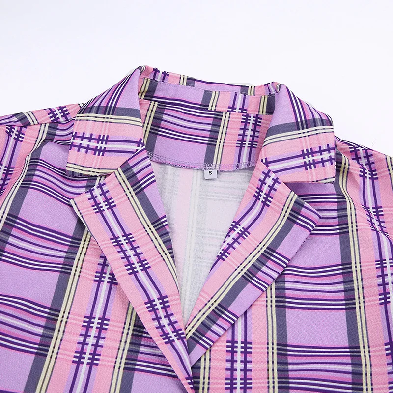 Shstyle клетчатый фиолетовый Блейзер на пуговицах для женщин воротник поло Короткие укороченные Топики, уличная одежда осеннее пальто офисные женские куртки
