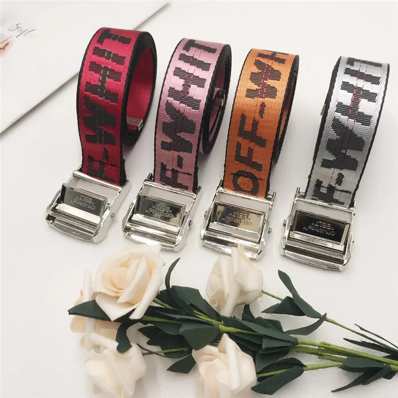

selling wild correct version of canvas OFF belt thick creative bright white electroplating alloy buckle embroidery English words