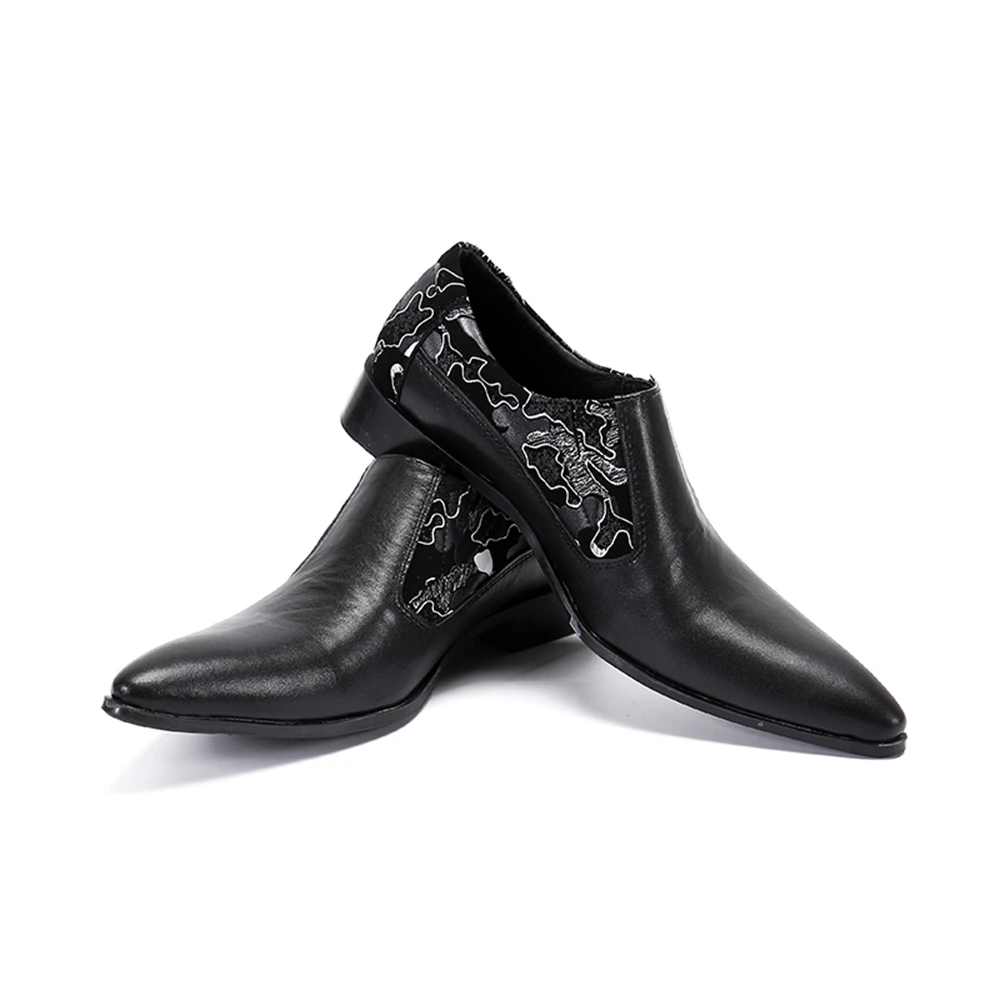 Genuine Leather Slip On Men Dress Shoes Business Party Flats Black Pointed Toe Printed Leather Shoes