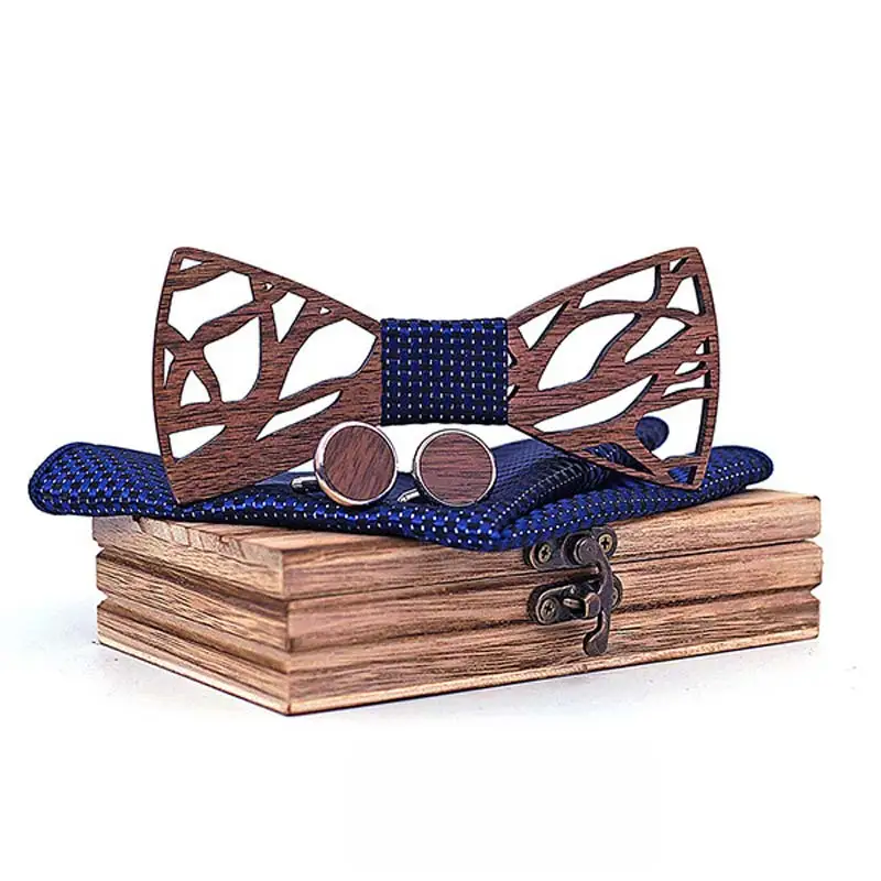 C1 Wooden Bow Tie Handkerchief Set Men's Plaid Bowtie Wood Hollow carved cut out Floral design And Box Fashion Novelty ties - Цвет: C1