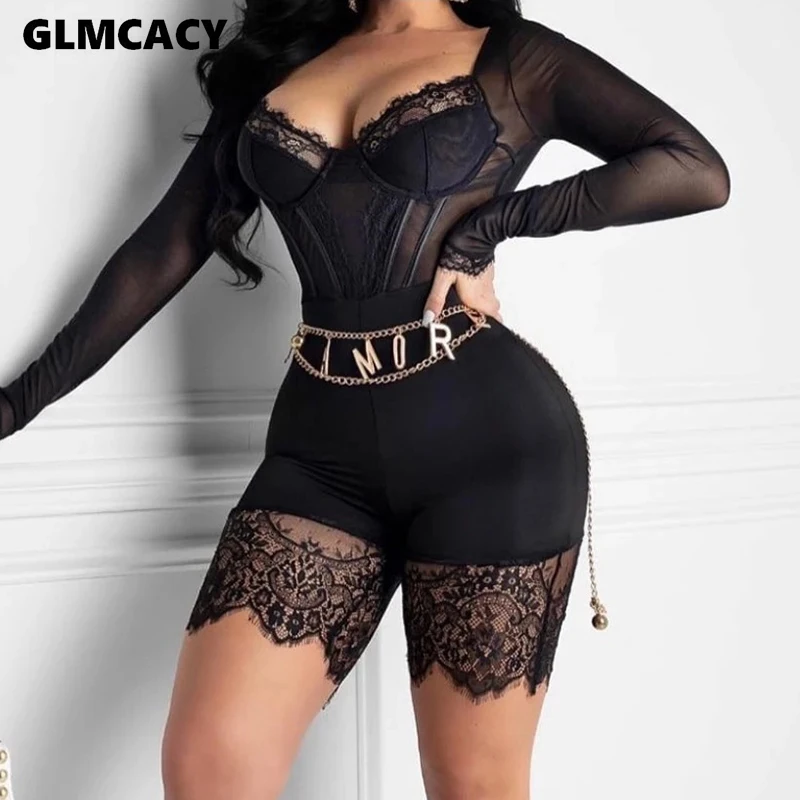 Womens Tight Long Sleeve Sheer Mesh Lace Insert Playsuit Black Wine RedParty Night Out One Piece Overalls Rompers - Цвет: Черный