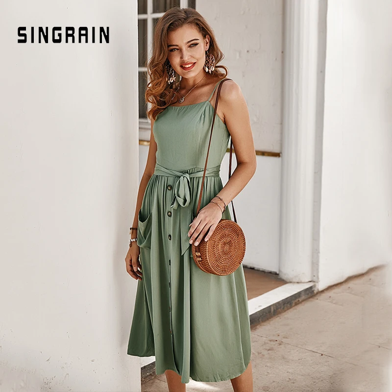 SINGRAIN Fashion Women Spaghetti Strap Long Dress Solid Bohemian Ruched Korean Vintage Spring Summer Pocket Midi Dresses | Женская