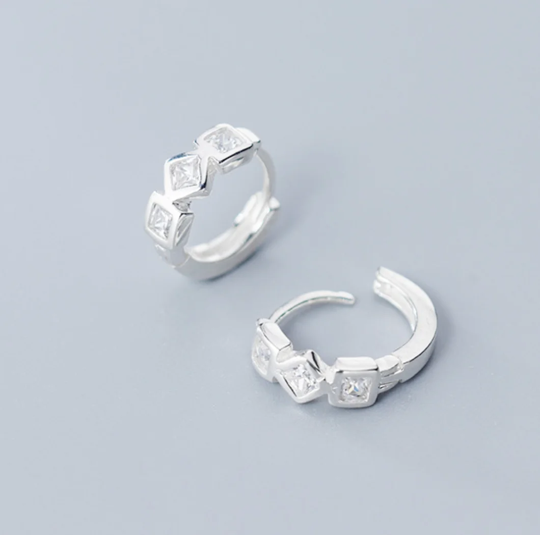 925 Sterling Silver Geometric Square CZ Huggie Hoop Earrings Women A1860