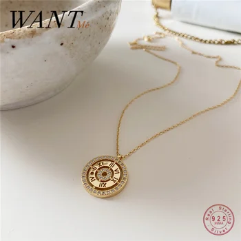 

WANTME Genuine 100% 925 Sterling Silver Luxury Zircon Clock Watch Roman Numeral Pendant Necklace for Women Jewelry Accessories