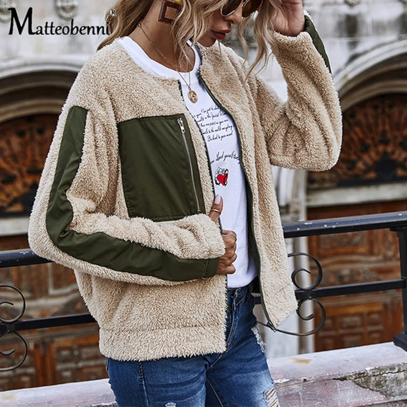 

2020 Autumn Keep Warm Clothes Women Sweatshirts Loose Zipper Long Sleeve Pocket Stitching Teddy Cashmere Round neck Casual Coat
