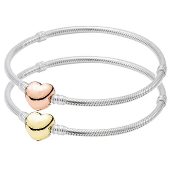 

Original Rose Love Heart Clasp Snake Chain Bracelet Bangle Fit 925 Sterling Silver Bead Charm Bracelet Diy Fine Jewelry