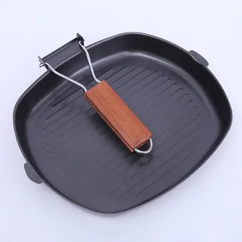

Cast Iron Non Stick Grill, Deep Square Griddle Steak Frying Pan with Folding Wooden Handles