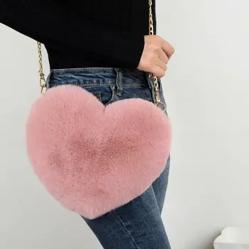 

2020 Newest Fashion Women Heart-Shaped Bags Plush Love Shoulder Hairy Bag Valentine Day Gifts Plush Love Chain Bag Lady Handbags