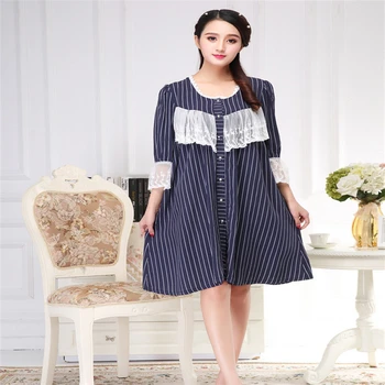 

nightdress home sleepwear women's Spring Summer Autumn woven cotton striped buckle sexy lace cropped sleeve loose large size