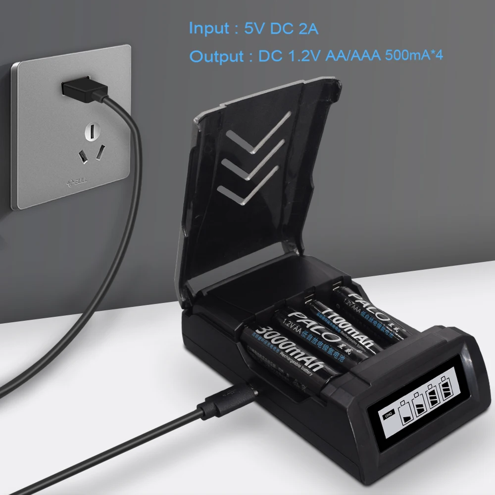 

PALO 4 slots AA AAA LCD Display Smart Battery Charger For 1.2V AA AAA NiMh NiCd Rechargeable Battery Quick Charge USB Charger