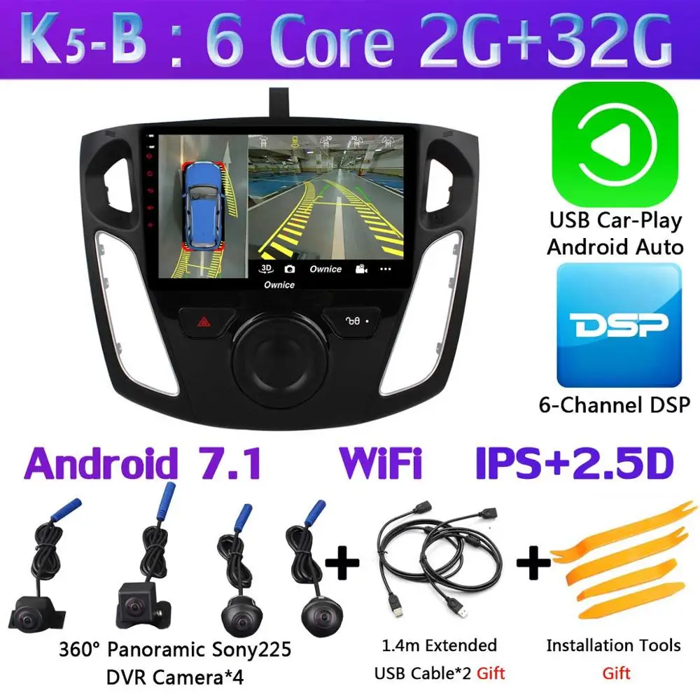 360 ° панорамный 4 × камера 4G SIM Android 9,0 4G+ 64G SPDIF DSP CarPlay Автомобильный плеер для Ford Focus 3 mk3 2012- gps Navi Радио - Цвет: K5-B-CarPlay