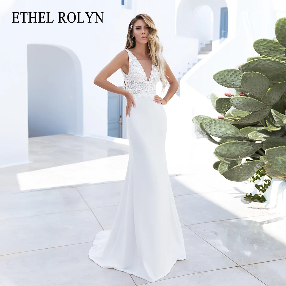 

ETHEL ROLYN Mermaid Wedding Dress 2024 Backless Beading Appliques Bride V-Neck Stretch Satin Wedding Gown Fairy Vestido De Novia