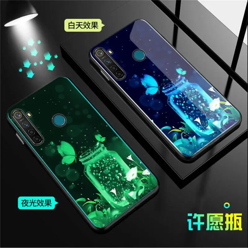 Q Светящийся закаленный чехол для OPPO Realme Q чехол 6," стекло со свечением задняя крышка для OPPO Realme Q крышка оболочка сотовый силиконовый чехол - Цвет: Q