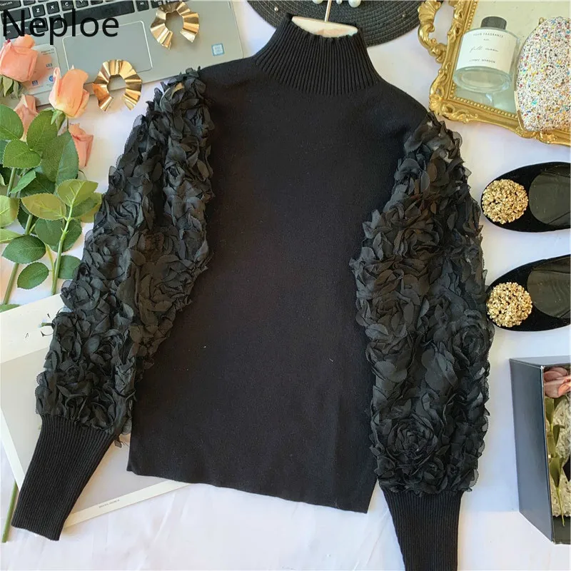 [EWQ] 2012 Spring New Sweet Knitted Products Tops Women 3D Flower Petal Mesh Lateral Casing Patchwork Sweaters QZ144 | Женская одежда