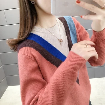 

15446 hall, row 11, No.2, lower] actual photo of new V-shaped color matching round neck Pullover 56
