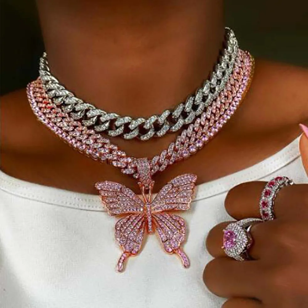 Butterfly Necklace Rhinestone Cuban Link Piece SET Pink Cuban