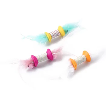 

Pet Cat Toy Wood Roll Bell with Color Feather Cylindrical Pet Supplies