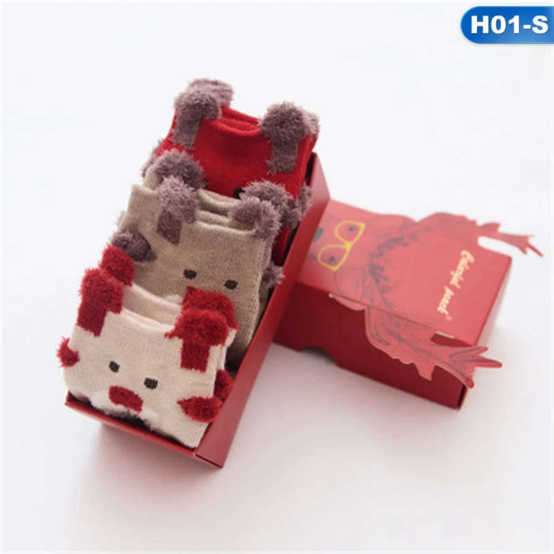SK1909H01-S 3 пары детских носков; Рождественский Подарочный комплект; милые носки для мальчиков и девочек с героями мультфильмов; красные детские зимние рождественские носки с коробкой - Цвет: SK1909H01-S