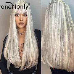 oneNonly White Gray Wig Long Straight Wigs with Bangs  Party Cosplay for Women Human Hair Heat Resistant