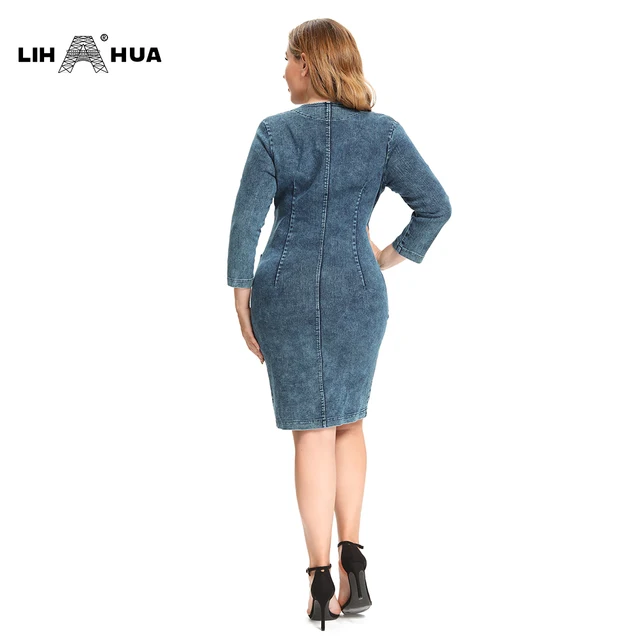 LIH HUA Women's Plus Size Denim Dress High Flexibility Slim Fit Dress Casual Woven Dress 4