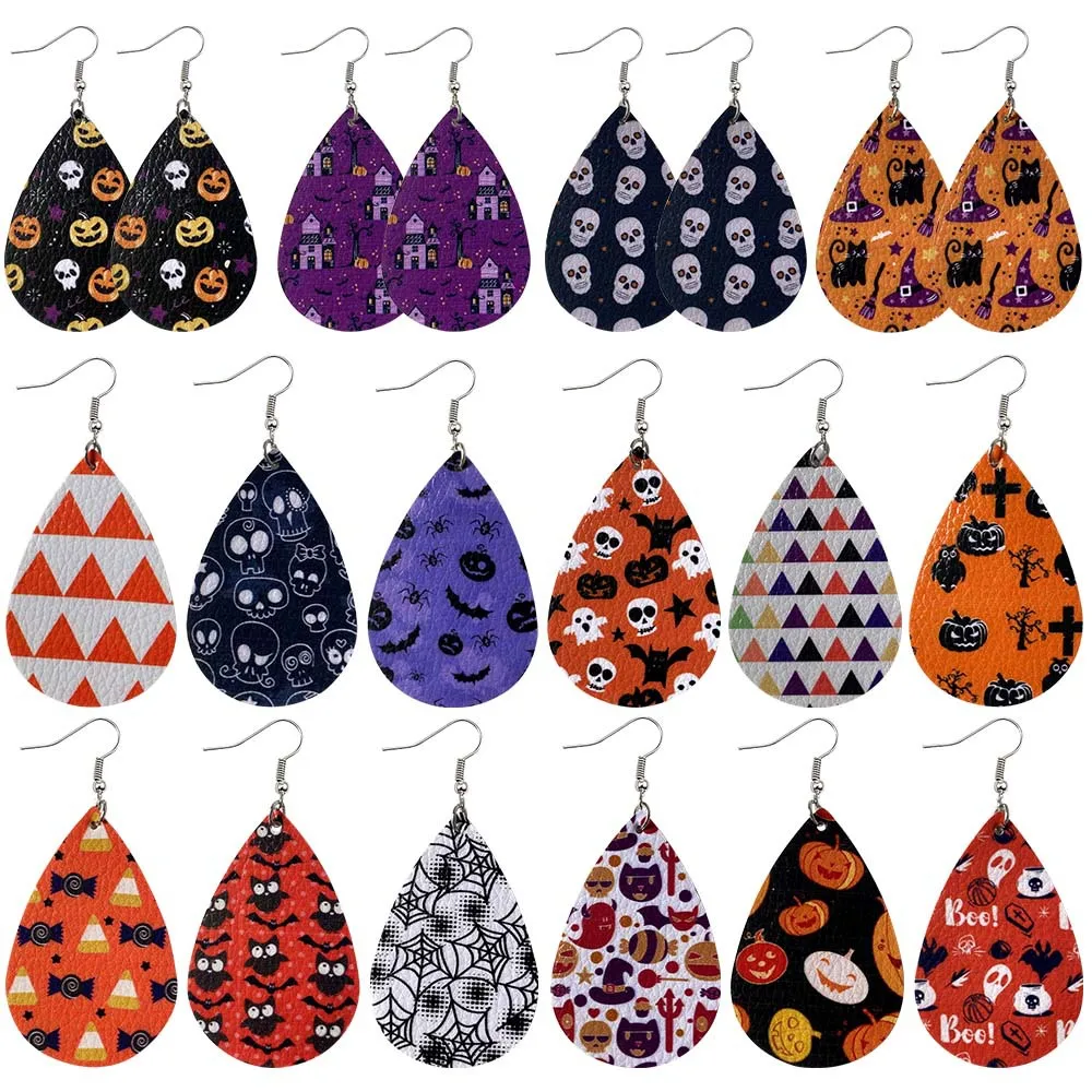 16 Pairs Halloween Faux Leather Earrings for Women Girls Pumpkin Cat Bat Skull Ghost Spider Teardrop Dangle PU Leather Earrings Set 