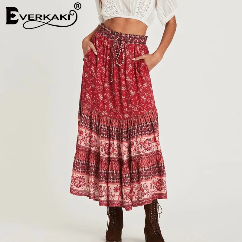 Everkaki Boho Длинные юбки с принтом женские осенние зимние цыганские пояса завязываются свободные каникулы Женские винтажные повседневные юбки женские Новые